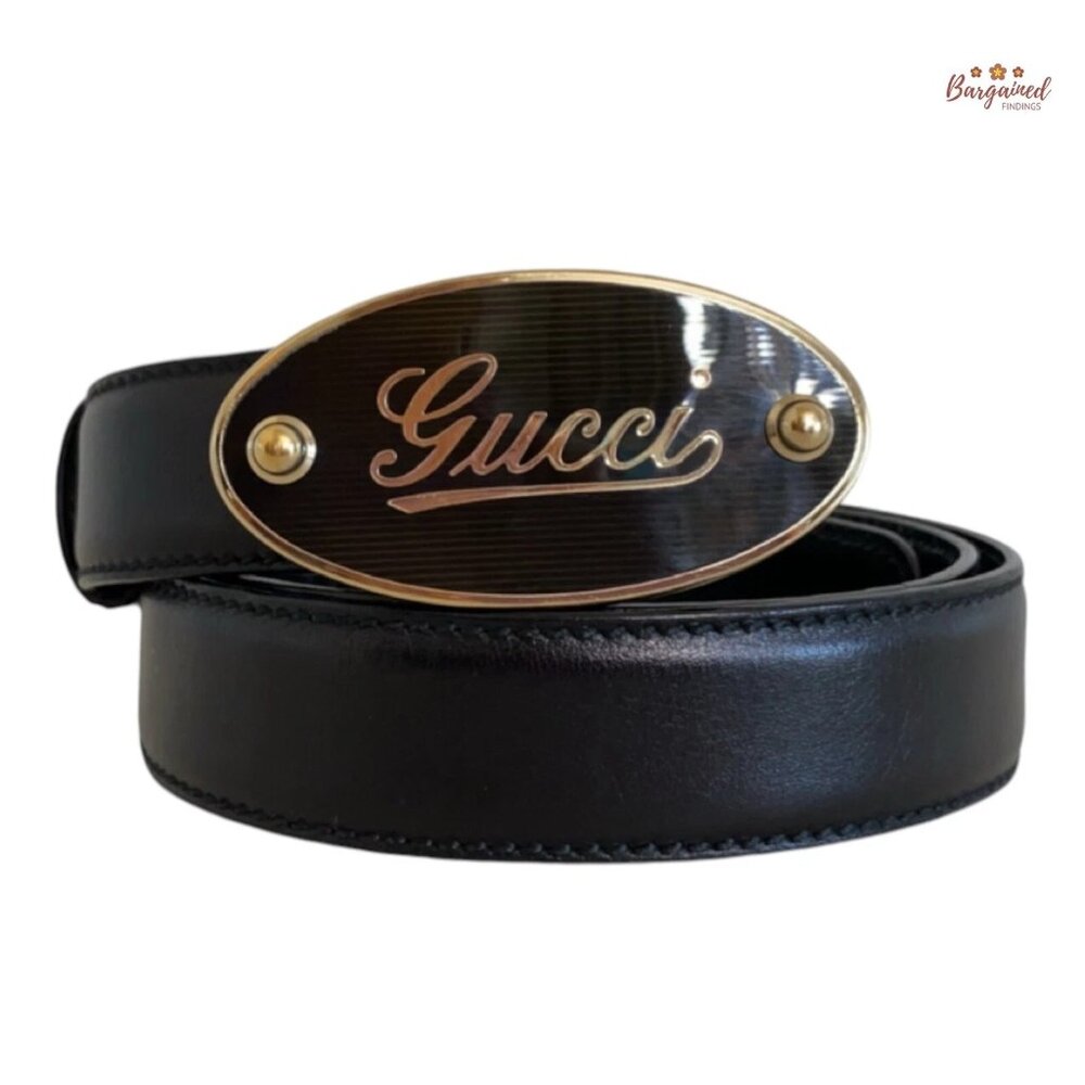 Authentic GUCCI Black Calfskin Leather Gold Script Oval Buckle Belt Size 90/36